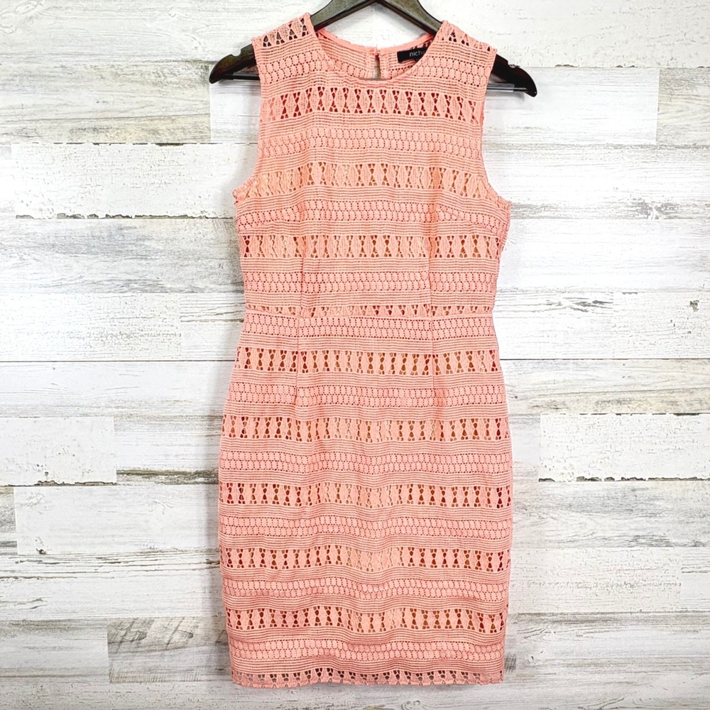 Nichii Pink Lace Macrame Sleeveless Pencil Dress Lined Party‎ Cocktail Size M